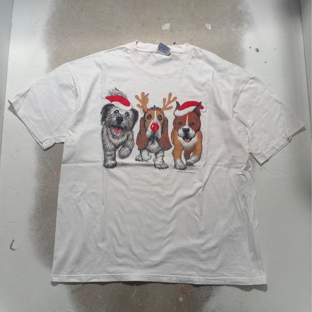Vintage 1995 Hanes Beefy-T Christmas Dogs Graphic T-Shirt White XL Single Stitch